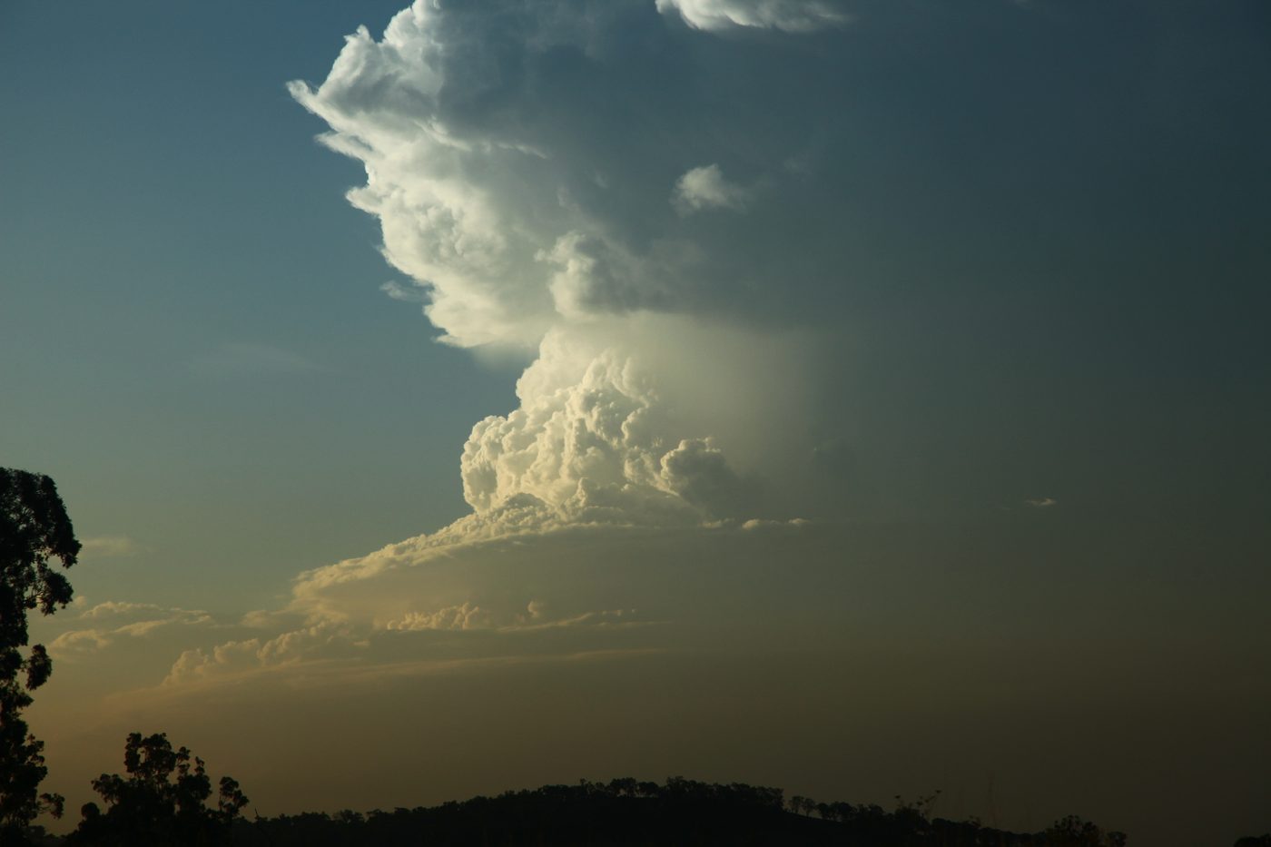 A tall supercell tower with a sharp, rising cauliflower top